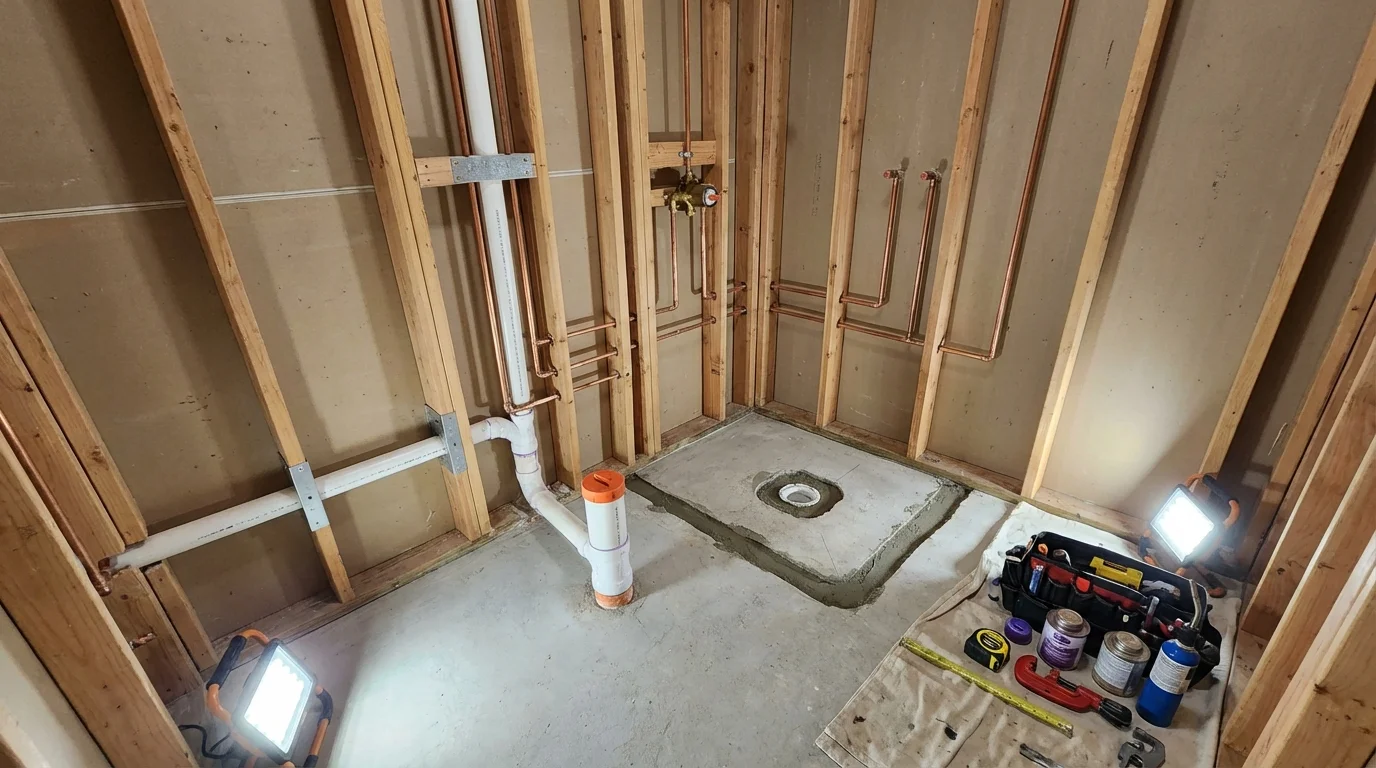 Bathroom rough-in plumbing during remodel by Johns Plumbing LLC in Uniontown