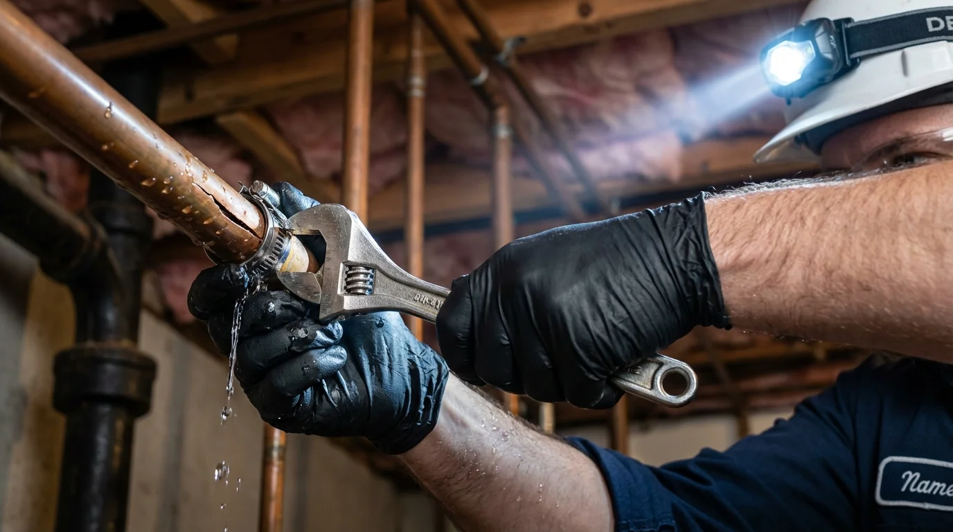 Emergency pipe clamp repair being performed by a Johns Plumbing LLC plumber in Uniontown