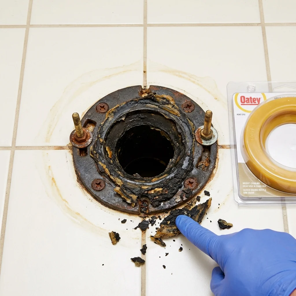 Failed wax ring showing water seepage at the base of a toilet in a Uniontown, AL home