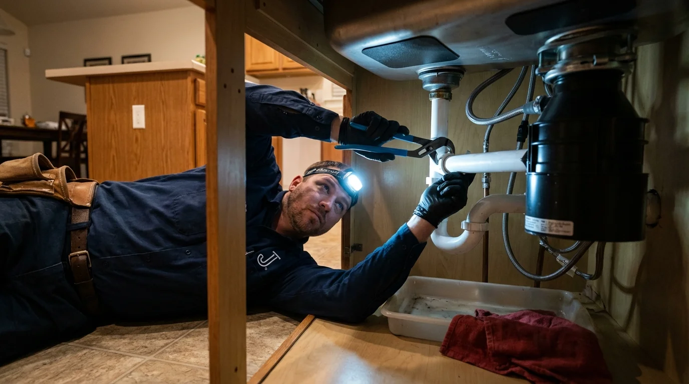 P-trap and supply line connections under a kitchen sink showing a common leak point in Uniontown, AL